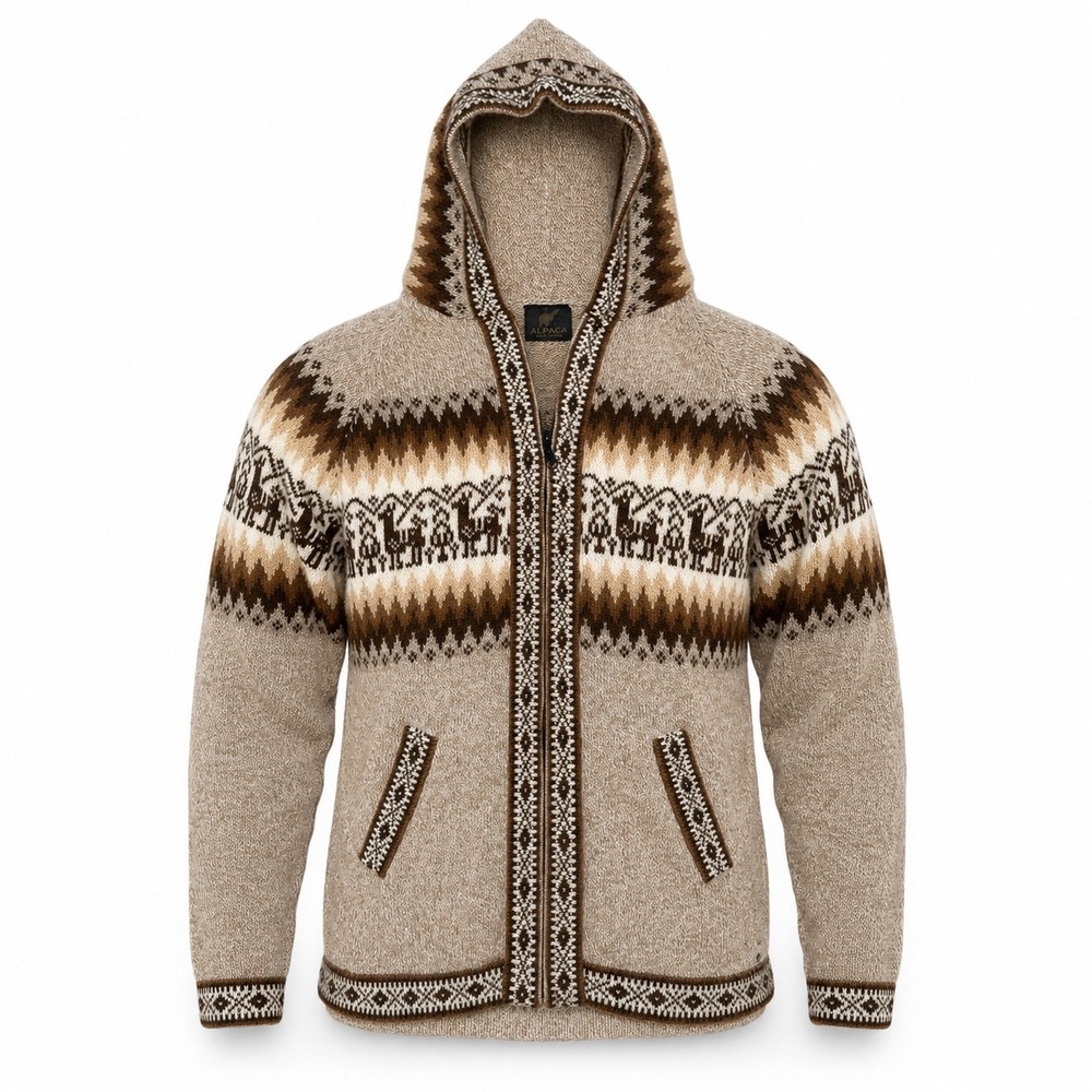 Alpaca Wool Sweater Full Zip Hooded Mens Large Llama Fair Isle Peru Boho Tan